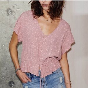Rails Bretton Rosewood Mini Hearts Pink Button Ruffle Blouse Size Small